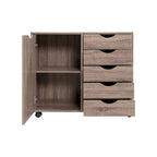 Meuble de rangement en bois à 5 tiroirs avec porte et roulettes, blanc