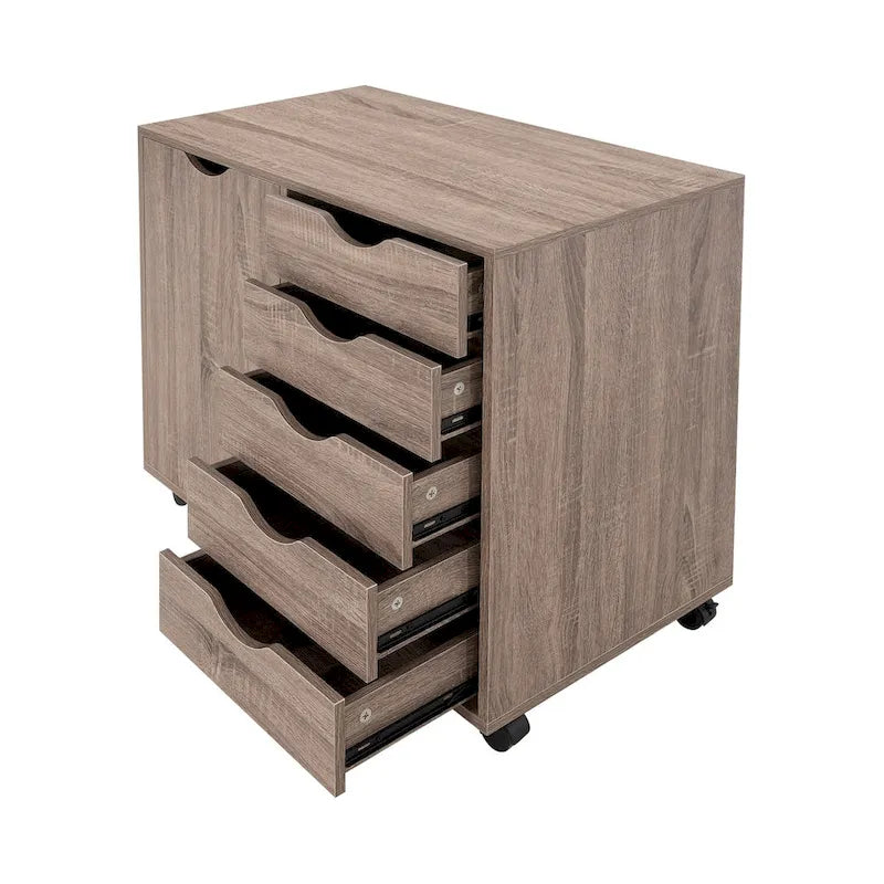 Meuble de rangement en bois à 5 tiroirs avec porte et roulettes, blanc