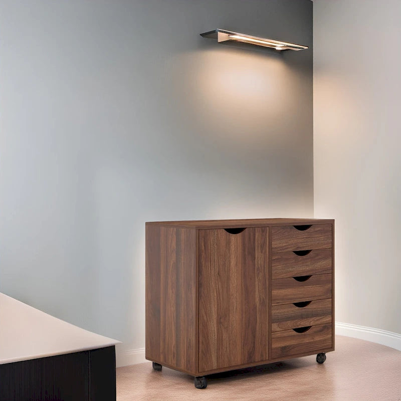 Meuble de rangement en bois à 5 tiroirs avec porte et roulettes, blanc
