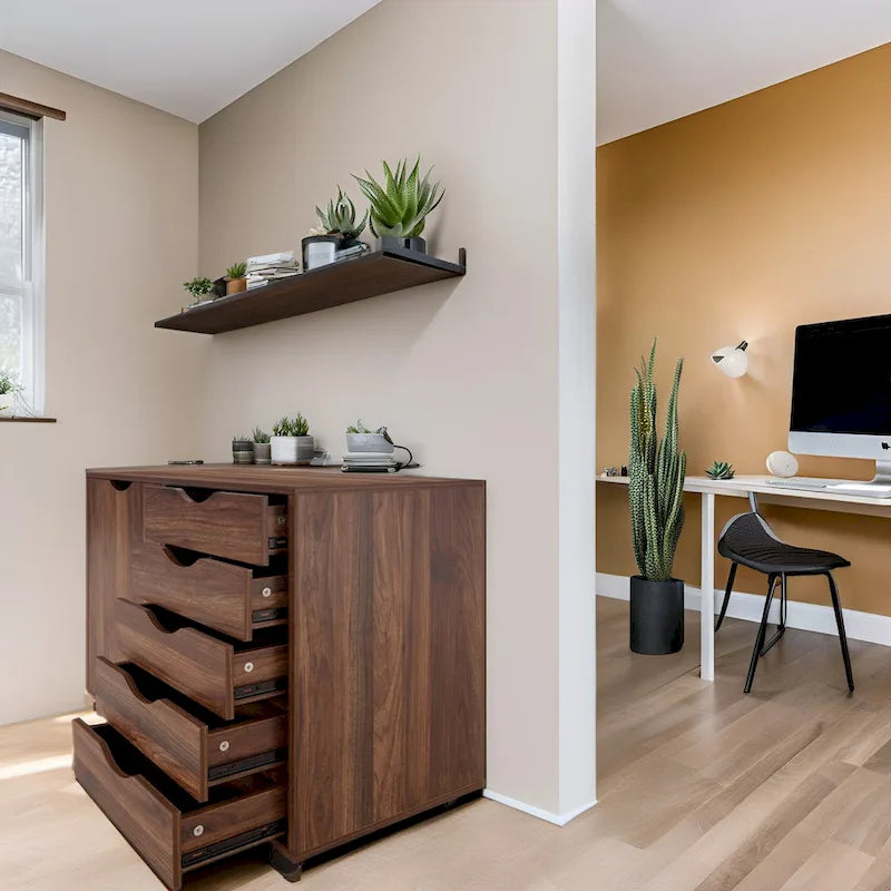Meuble de rangement en bois à 5 tiroirs avec porte et roulettes, blanc