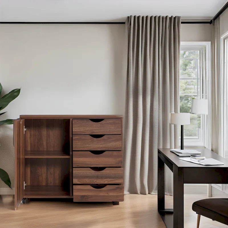 Meuble de rangement en bois à 5 tiroirs avec porte et roulettes, blanc