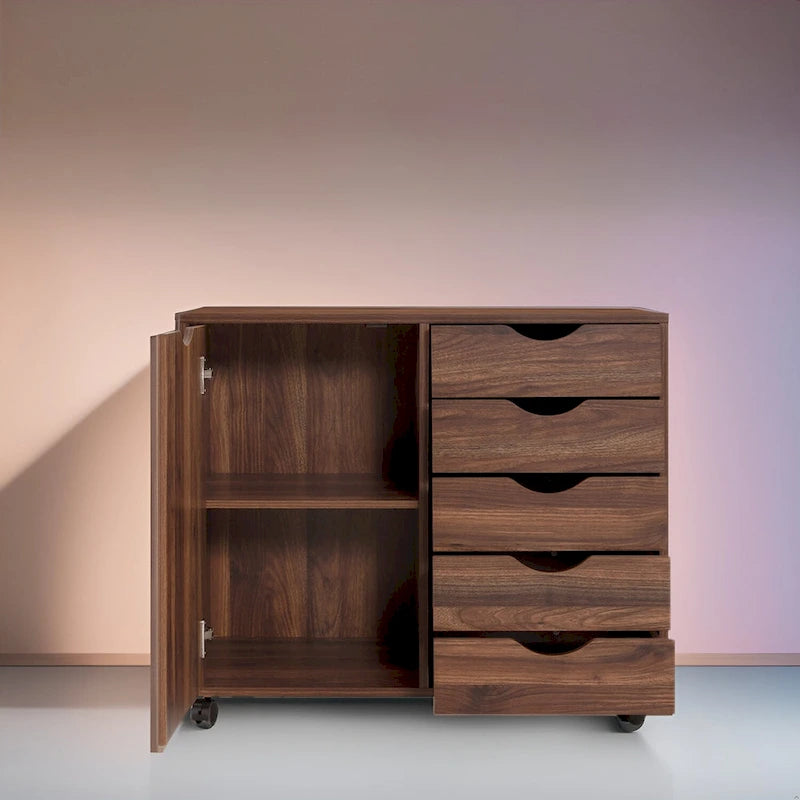 Meuble de rangement en bois à 5 tiroirs avec porte et roulettes, blanc