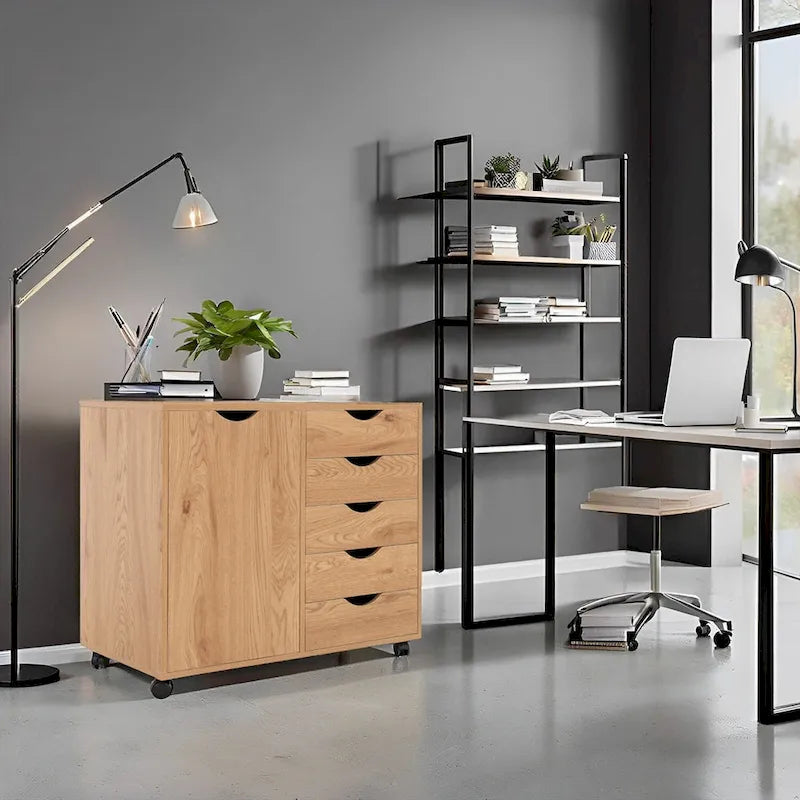 Meuble de rangement en bois à 5 tiroirs avec porte et roulettes, blanc