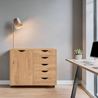Meuble de rangement en bois à 5 tiroirs avec porte et roulettes, blanc