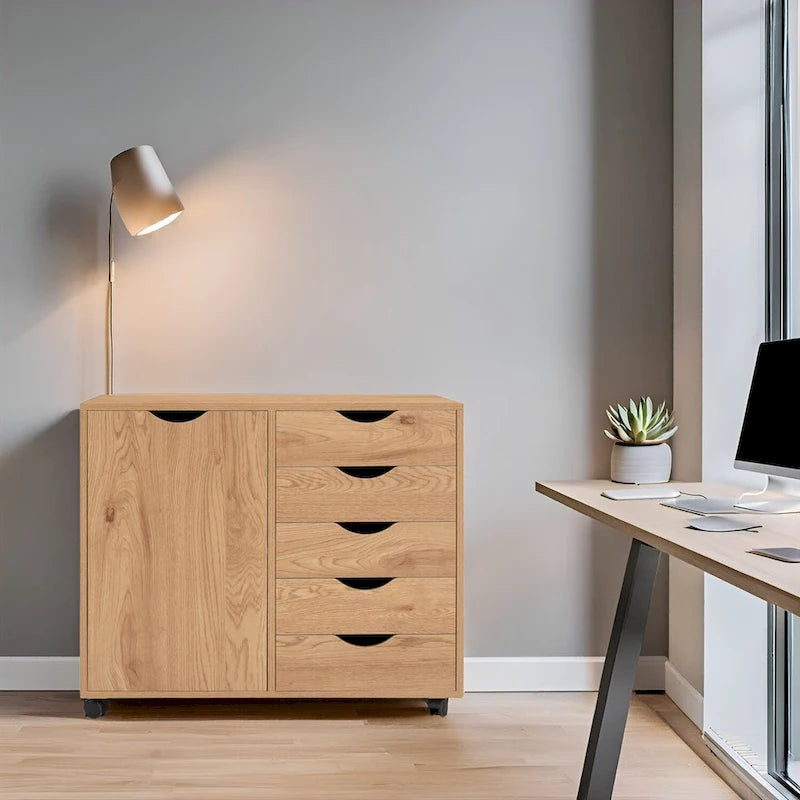 Meuble de rangement en bois à 5 tiroirs avec porte et roulettes, blanc