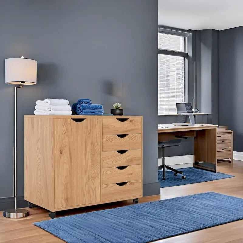 Meuble de rangement en bois à 5 tiroirs avec porte et roulettes, blanc