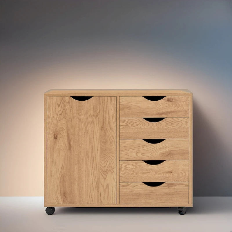 Meuble de rangement en bois à 5 tiroirs avec porte et roulettes, blanc