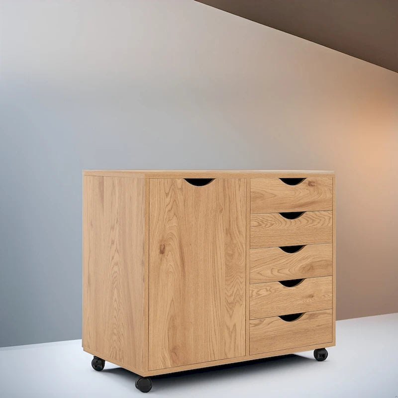 Meuble de rangement en bois à 5 tiroirs avec porte et roulettes, blanc
