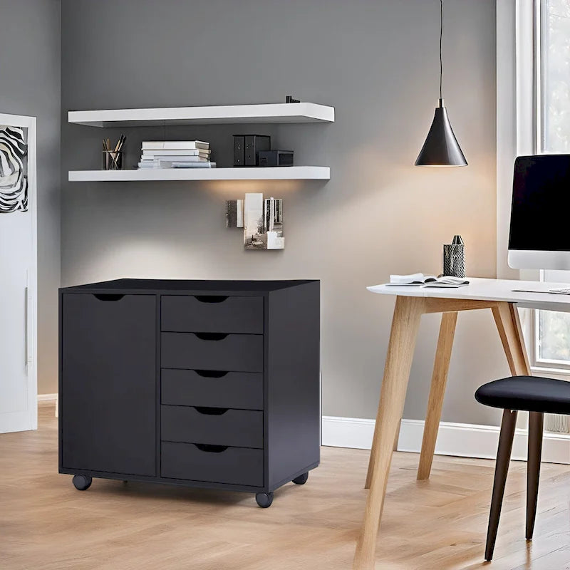 Meuble de rangement en bois à 5 tiroirs avec porte et roulettes, blanc