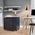 Meuble de rangement en bois à 5 tiroirs avec porte et roulettes, blanc