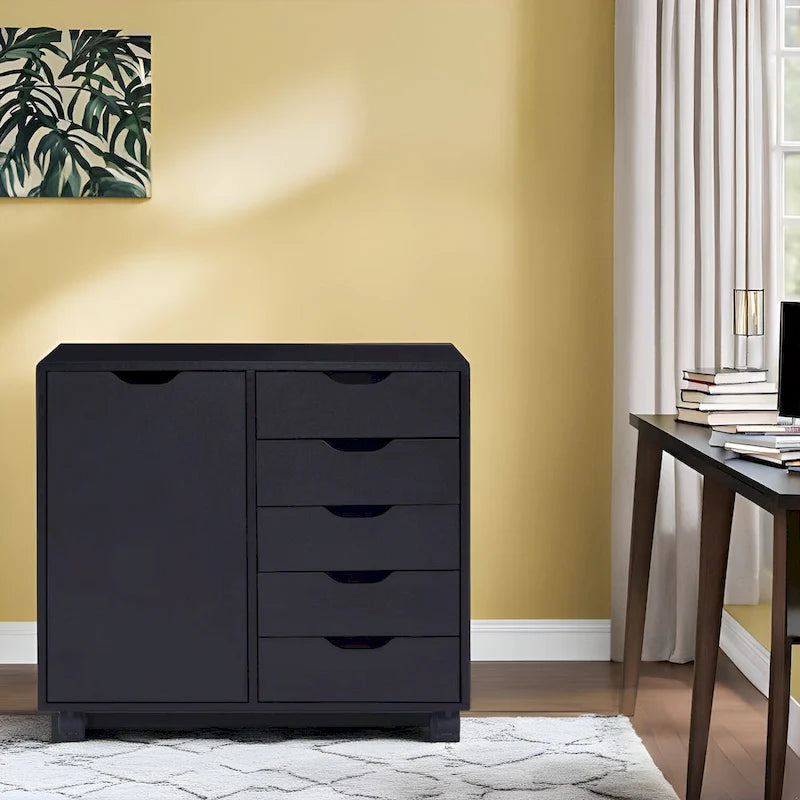 Meuble de rangement en bois à 5 tiroirs avec porte et roulettes, blanc