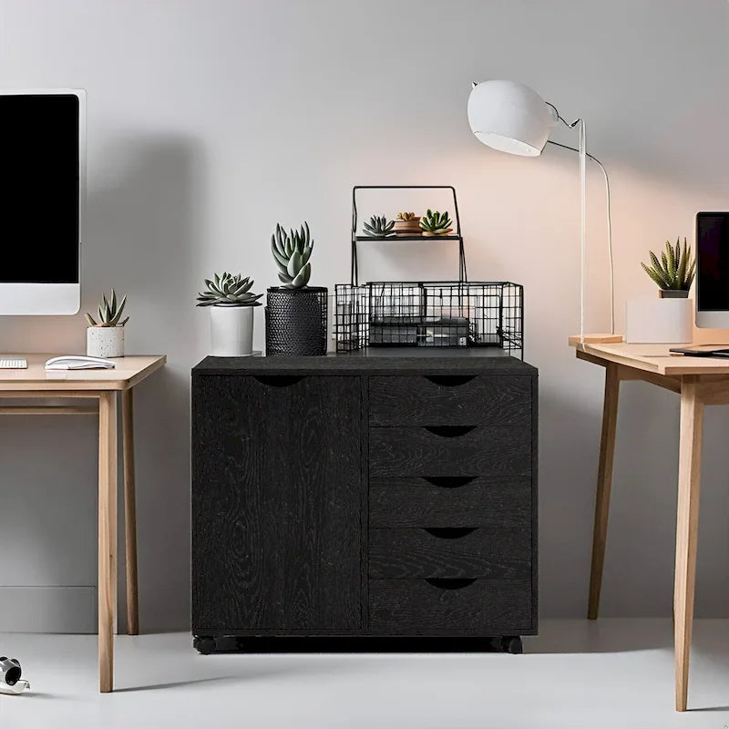 Meuble de rangement en bois à 5 tiroirs avec porte et roulettes, blanc