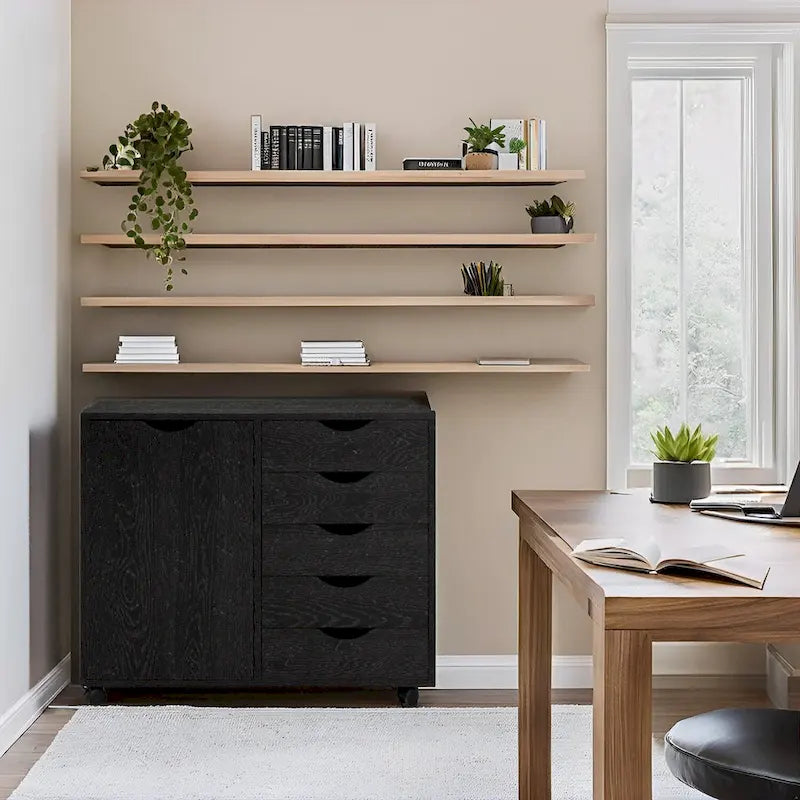 Meuble de rangement en bois à 5 tiroirs avec porte et roulettes, blanc