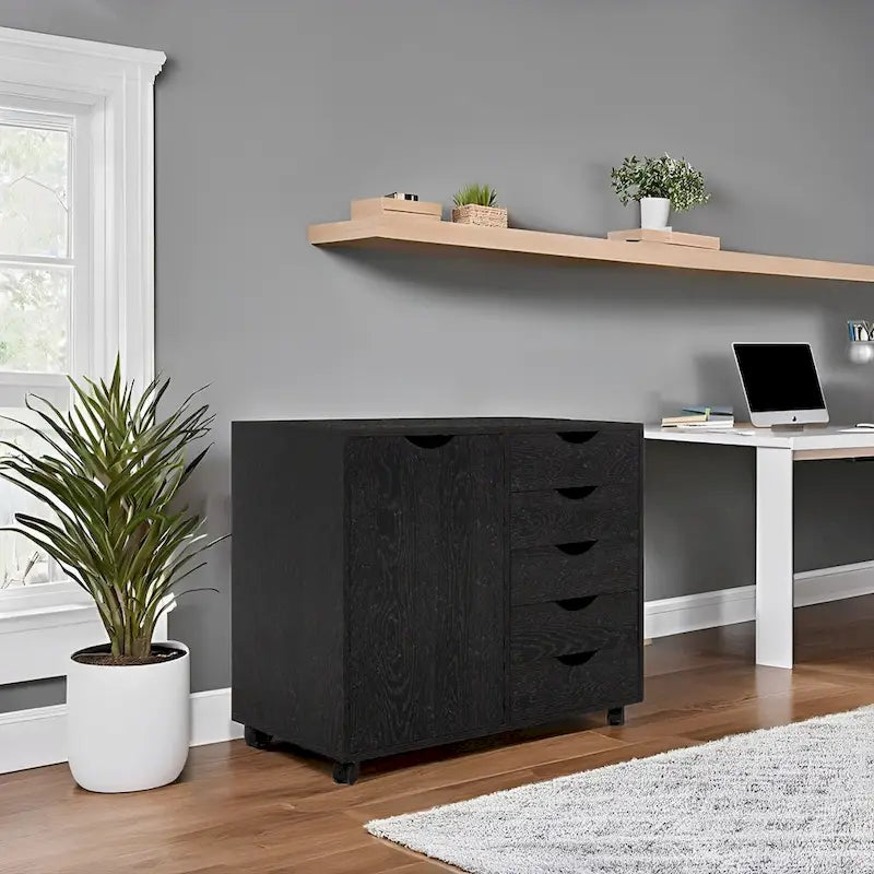 Meuble de rangement en bois à 5 tiroirs avec porte et roulettes, blanc