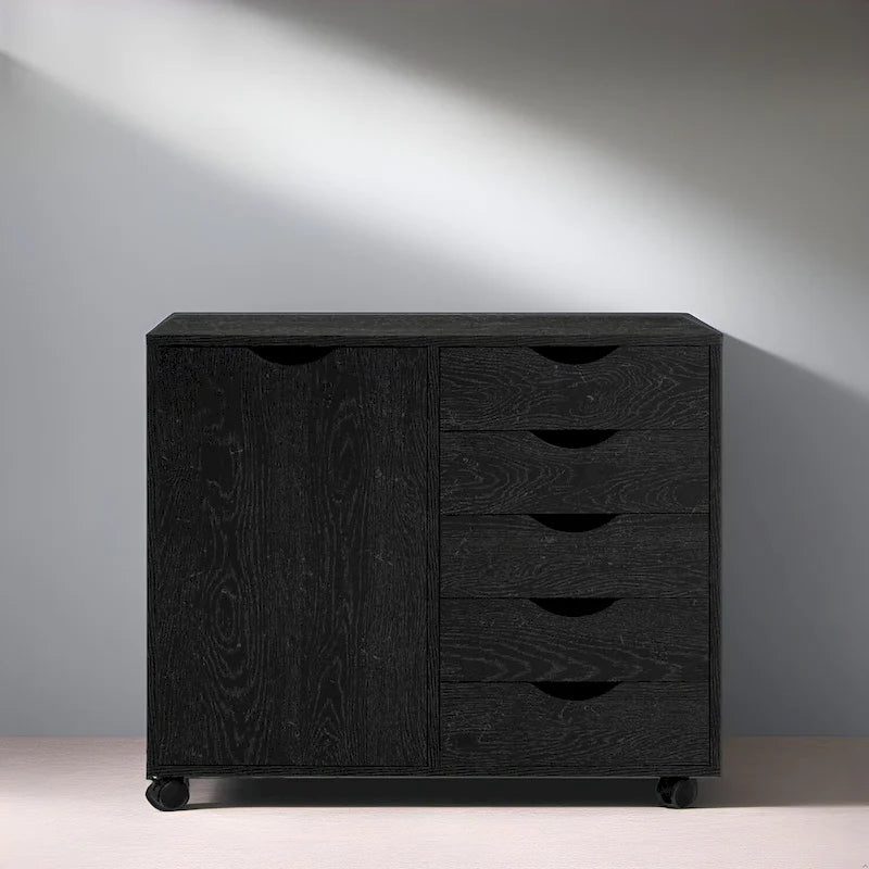 Meuble de rangement en bois à 5 tiroirs avec porte et roulettes, blanc