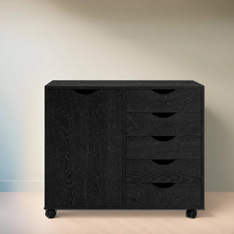 Meuble de rangement en bois à 5 tiroirs avec porte et roulettes, blanc