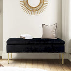 Banc de rangement capitonné en velours à couvercle relevable avec garniture cloutée et pieds en métal