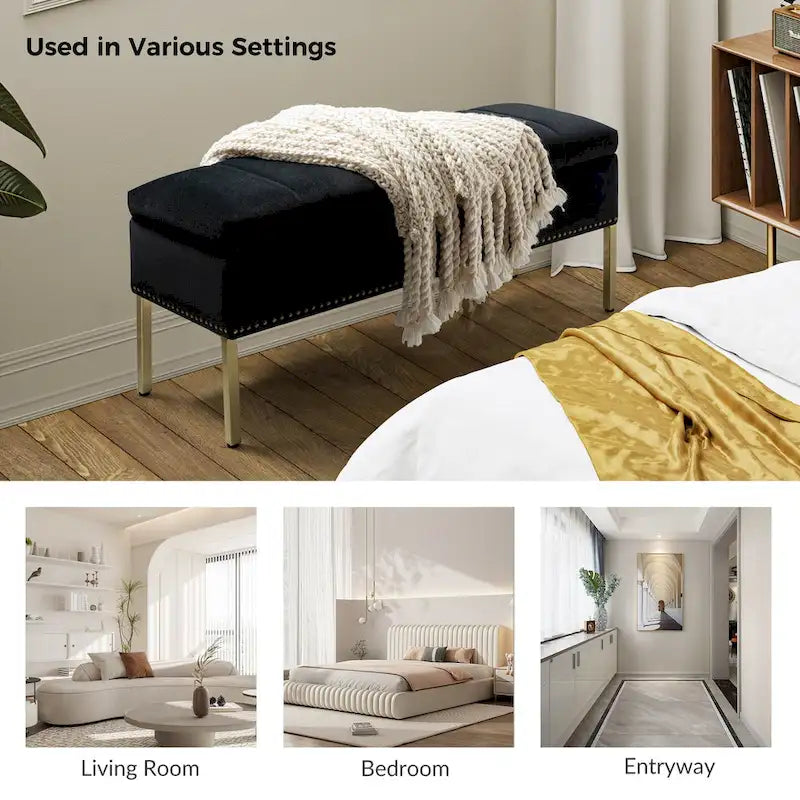 Banc de rangement capitonné en velours à couvercle relevable avec garniture cloutée et pieds en métal