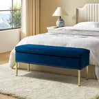 Banc de rangement capitonné en velours à couvercle relevable avec garniture cloutée et pieds en métal
