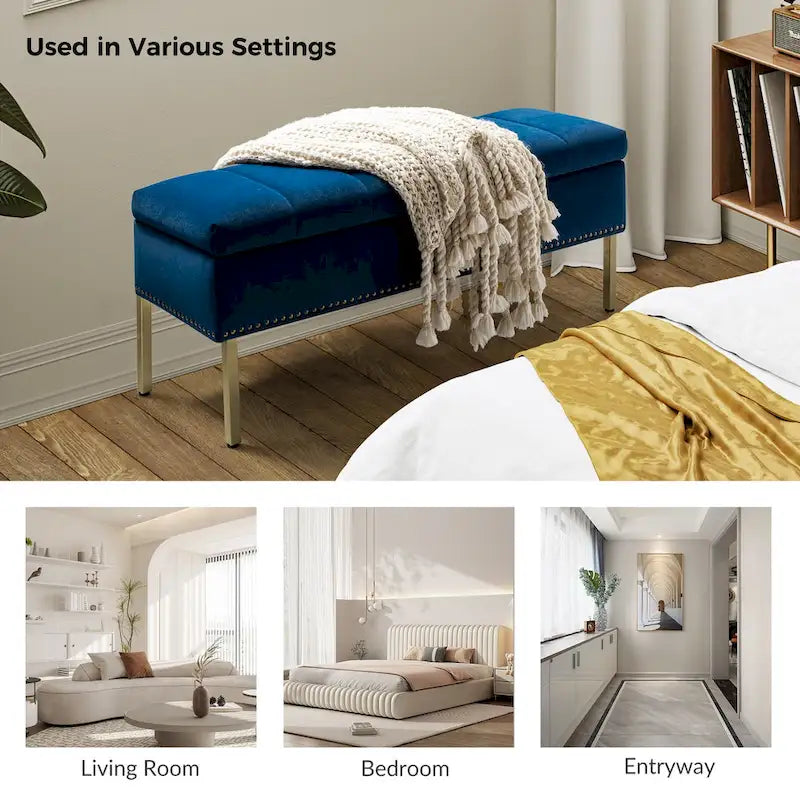Banc de rangement capitonné en velours à couvercle relevable avec garniture cloutée et pieds en métal