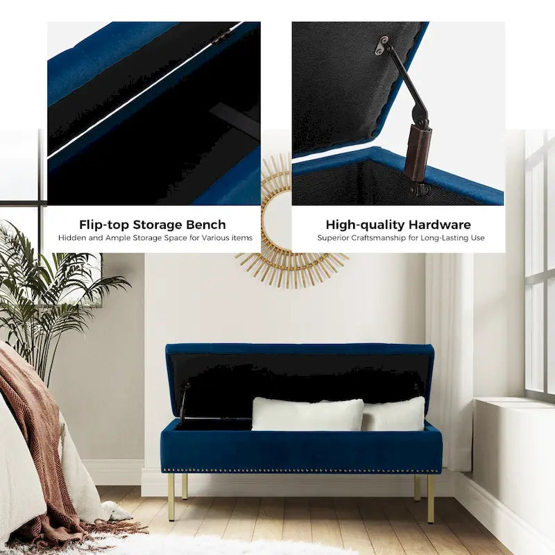 Banc de rangement capitonné en velours à couvercle relevable avec garniture cloutée et pieds en métal