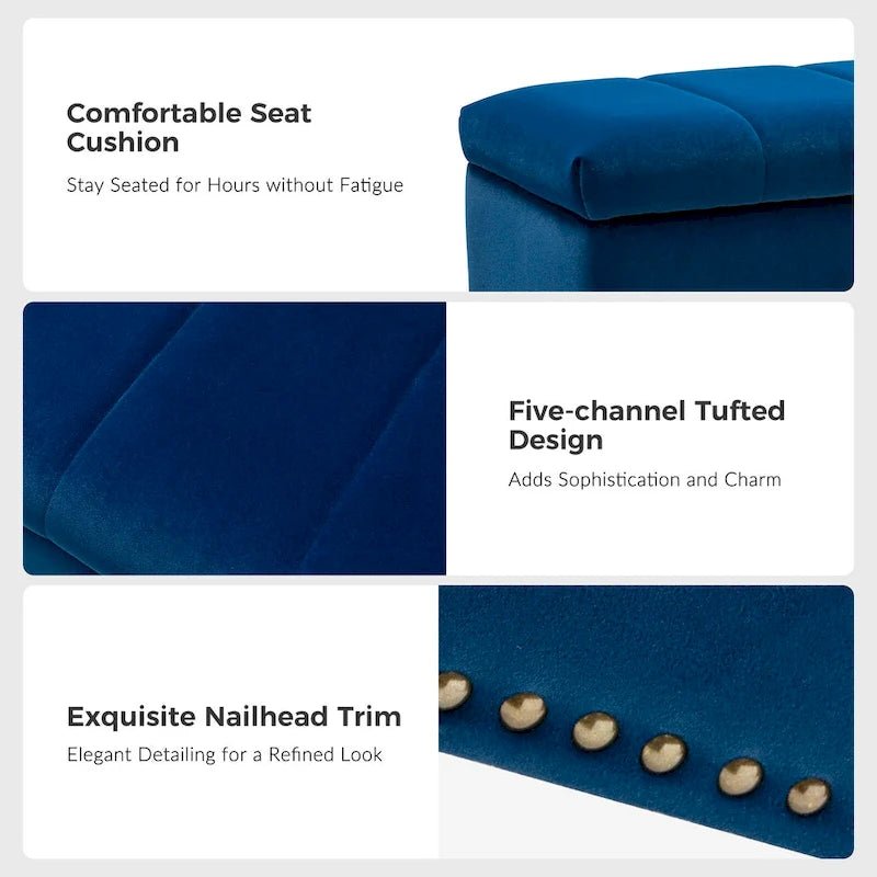 Banc de rangement capitonné en velours à couvercle relevable avec garniture cloutée et pieds en métal