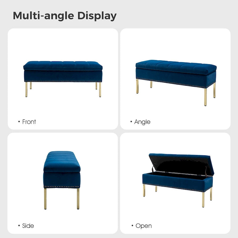 Banc de rangement capitonné en velours à couvercle relevable avec garniture cloutée et pieds en métal