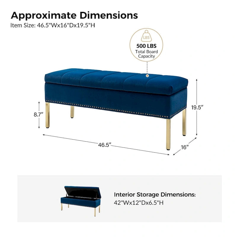 Banc de rangement capitonné en velours à couvercle relevable avec garniture cloutée et pieds en métal