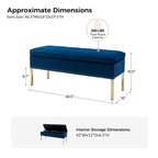 Banc de rangement capitonné en velours à couvercle relevable avec garniture cloutée et pieds en métal