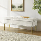 Banc de rangement capitonné en velours à couvercle relevable avec garniture cloutée et pieds en métal