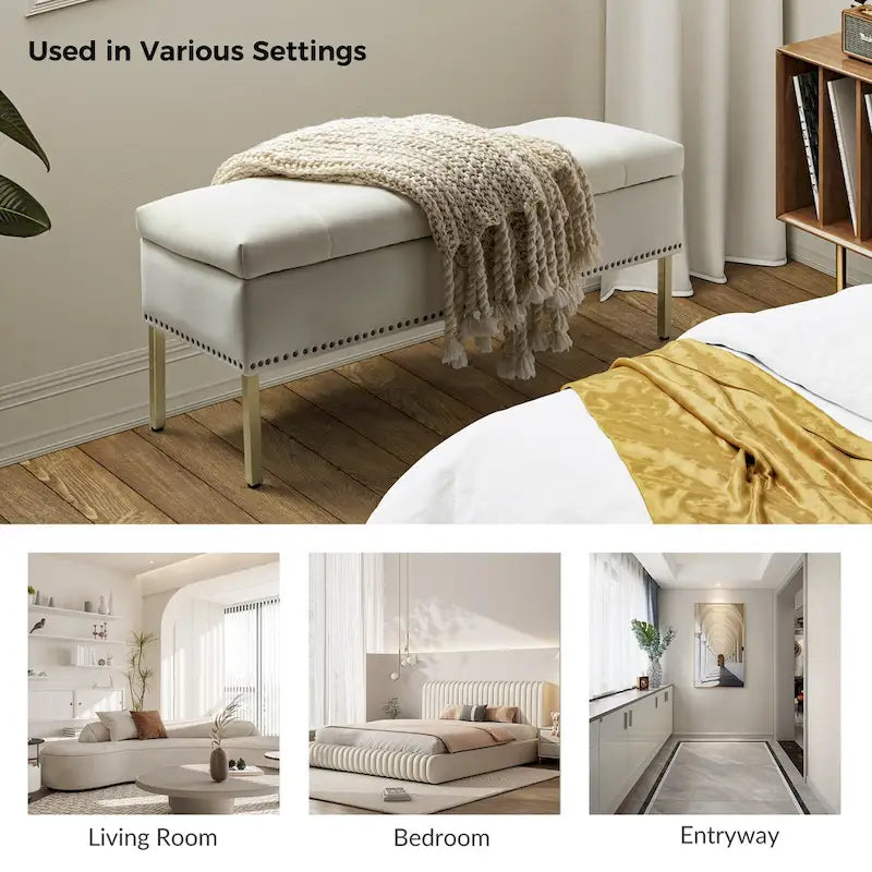 Banc de rangement capitonné en velours à couvercle relevable avec garniture cloutée et pieds en métal
