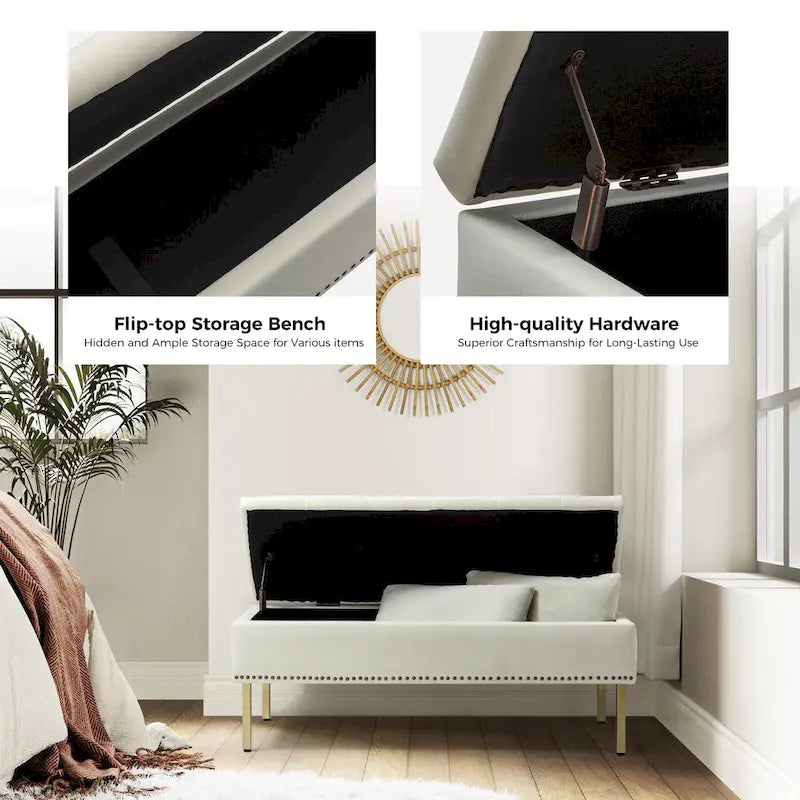 Banc de rangement capitonné en velours à couvercle relevable avec garniture cloutée et pieds en métal