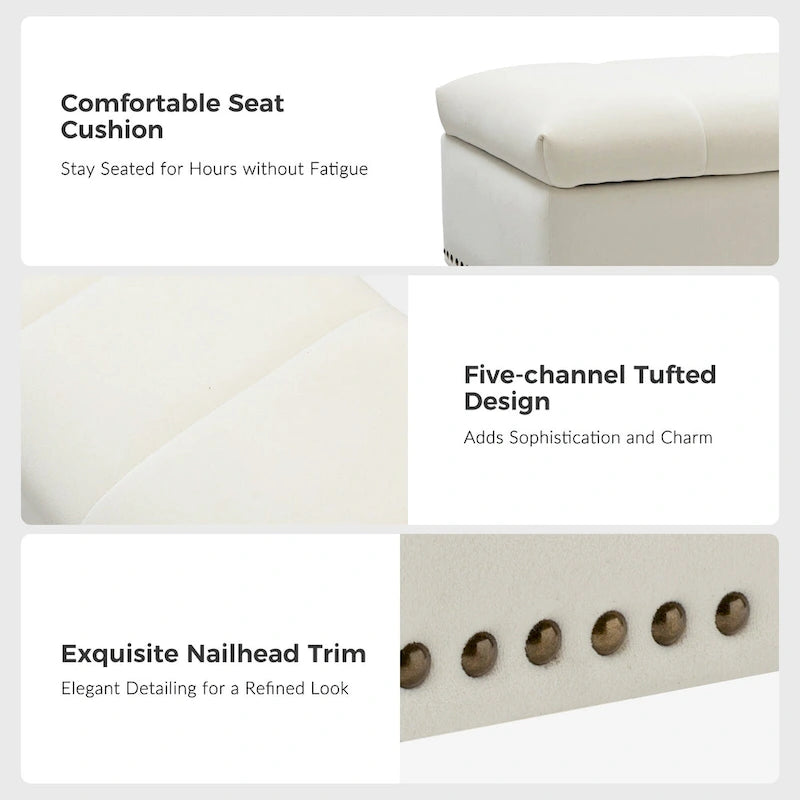 Banc de rangement capitonné en velours à couvercle relevable avec garniture cloutée et pieds en métal