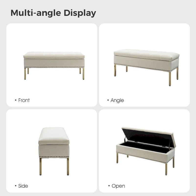 Banc de rangement capitonné en velours à couvercle relevable avec garniture cloutée et pieds en métal