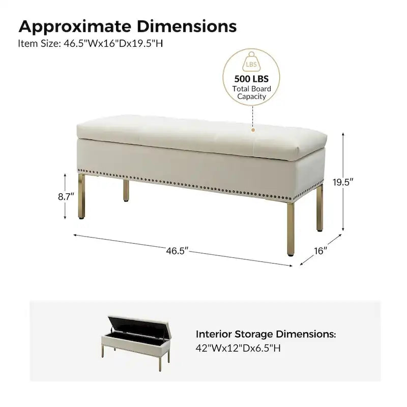 Banc de rangement capitonné en velours à couvercle relevable avec garniture cloutée et pieds en métal