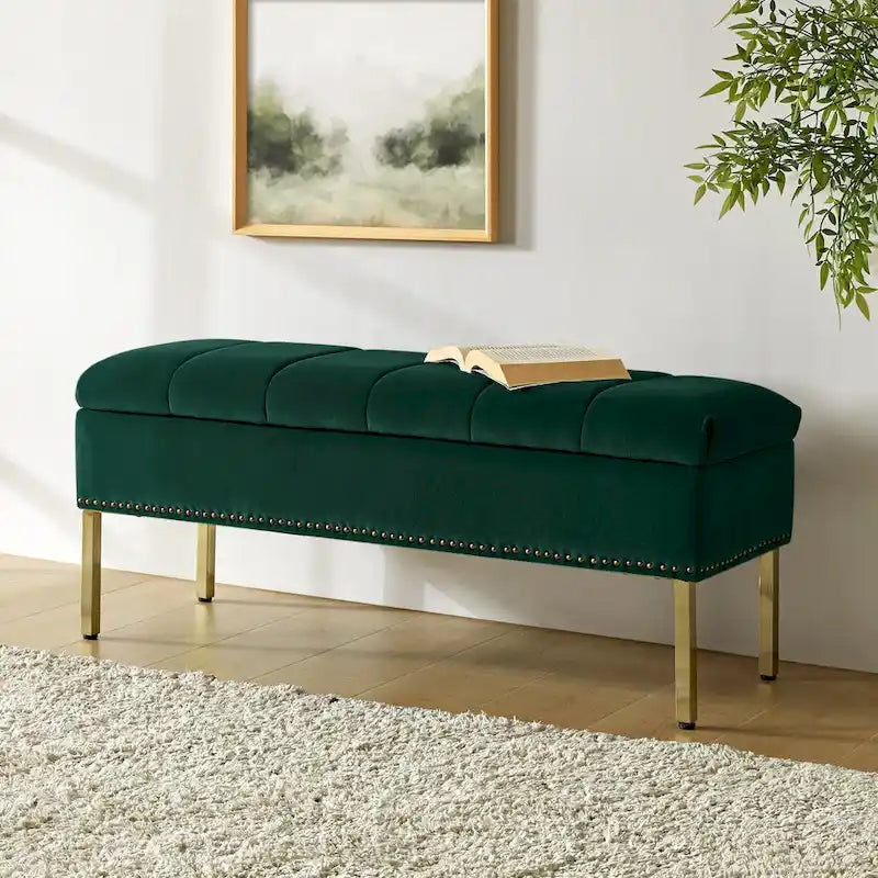 Banc de rangement capitonné en velours à couvercle relevable avec garniture cloutée et pieds en métal