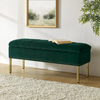 Banc de rangement capitonné en velours à couvercle relevable avec garniture cloutée et pieds en métal