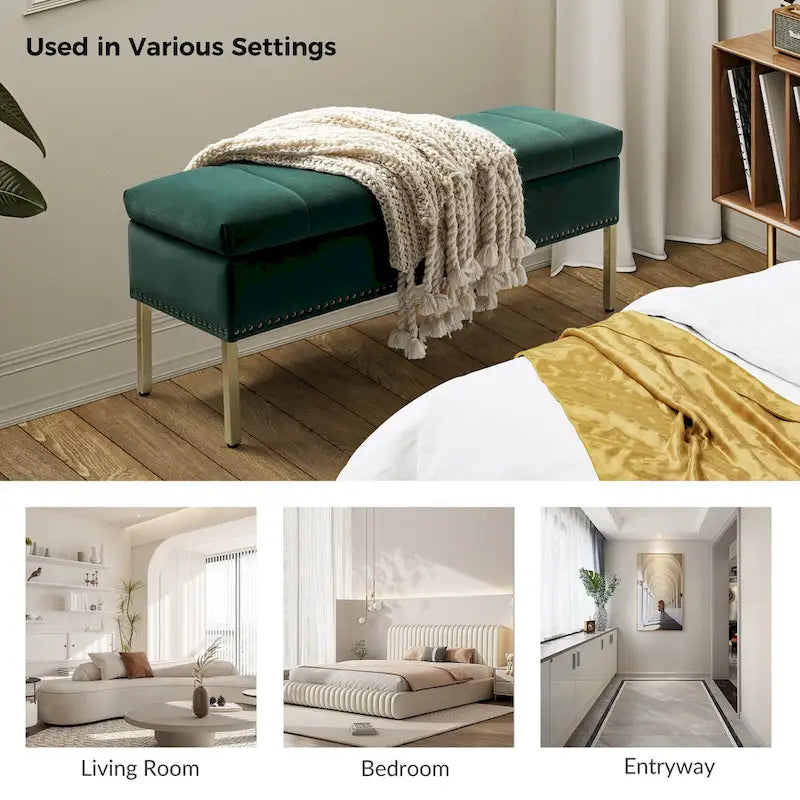 Banc de rangement capitonné en velours à couvercle relevable avec garniture cloutée et pieds en métal
