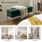 Banc de rangement capitonné en velours à couvercle relevable avec garniture cloutée et pieds en métal