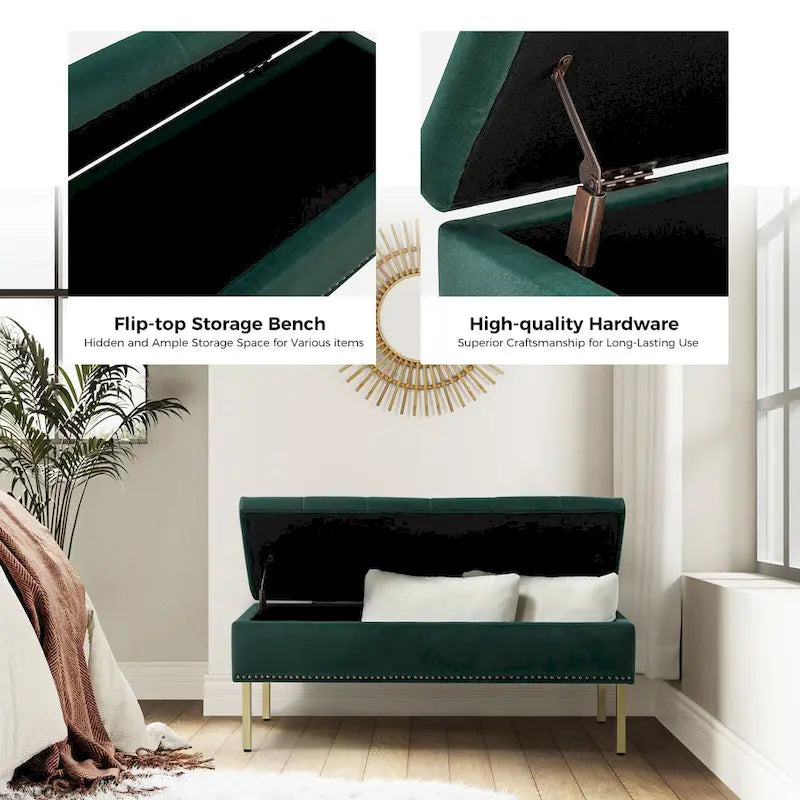 Banc de rangement capitonné en velours à couvercle relevable avec garniture cloutée et pieds en métal