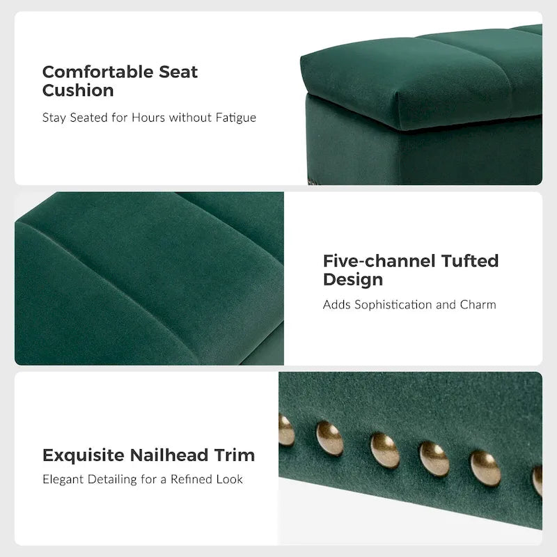 Banc de rangement capitonné en velours à couvercle relevable avec garniture cloutée et pieds en métal