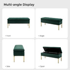 Banc de rangement capitonné en velours à couvercle relevable avec garniture cloutée et pieds en métal