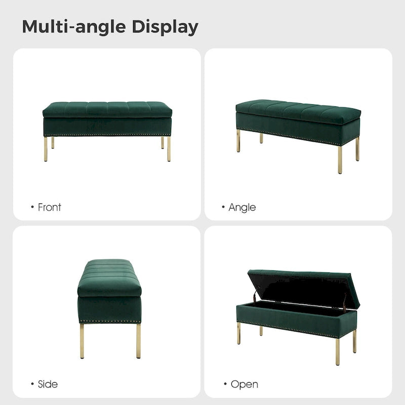 Banc de rangement capitonné en velours à couvercle relevable avec garniture cloutée et pieds en métal