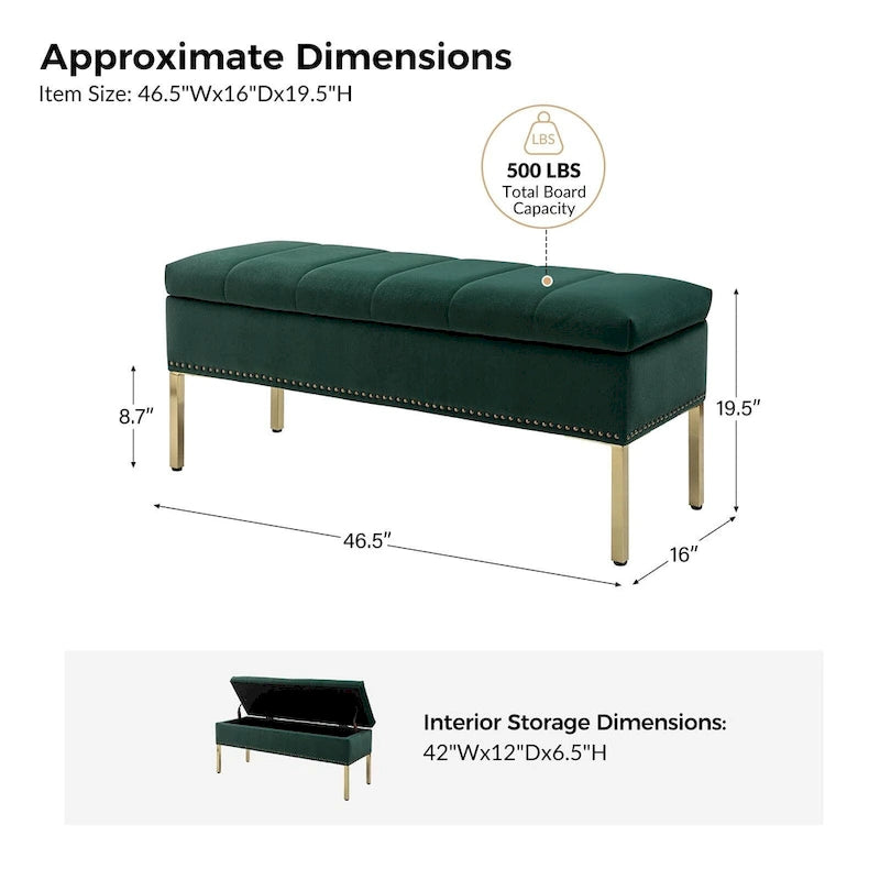 Banc de rangement capitonné en velours à couvercle relevable avec garniture cloutée et pieds en métal
