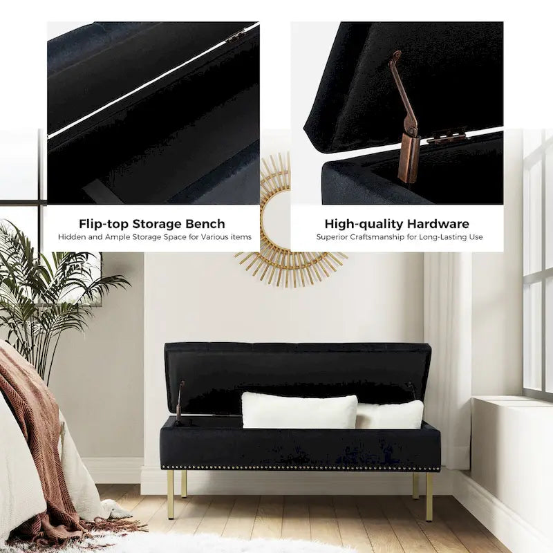 Banc de rangement capitonné en velours à couvercle relevable avec garniture cloutée et pieds en métal