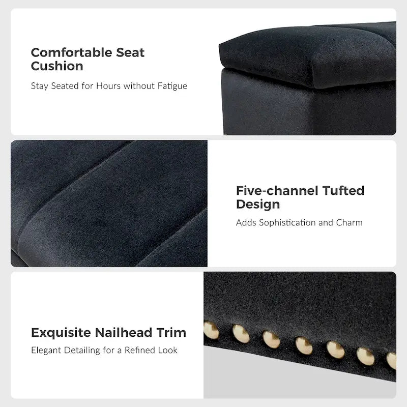 Banc de rangement capitonné en velours à couvercle relevable avec garniture cloutée et pieds en métal