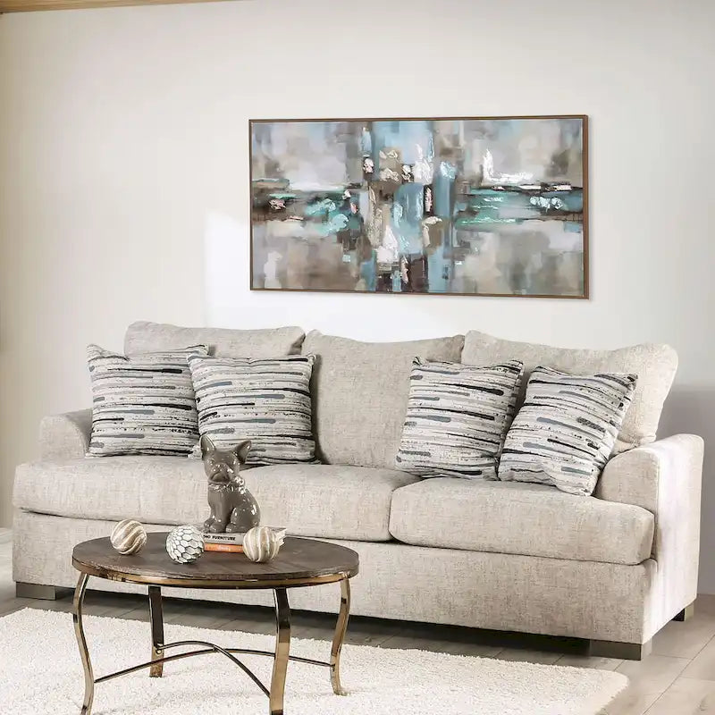 Canapé transitoire en tissu gris avec accoudoirs évasés et coussins de siège à ressorts