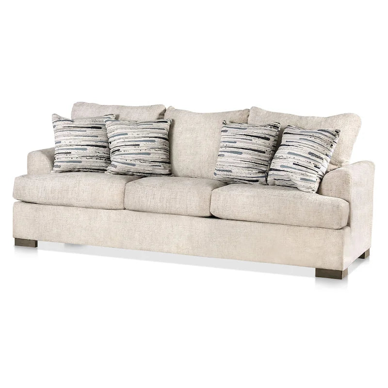 Canapé transitoire en tissu gris avec accoudoirs évasés et coussins de siège à ressorts