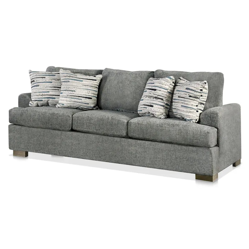 Canapé transitoire en tissu gris avec accoudoirs évasés et coussins de siège à ressorts