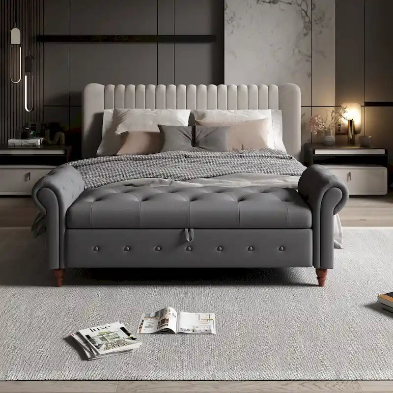 Banc ottoman de rangement capitonné avec accoudoirs roulés Plusieurs couleurs